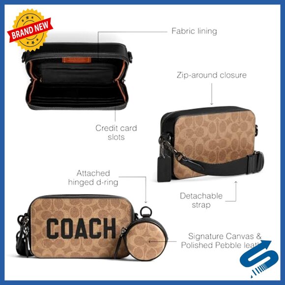 Slim Crossbody Bag with Detachable Pouch, Leather and Canvas, Casual Messenger
